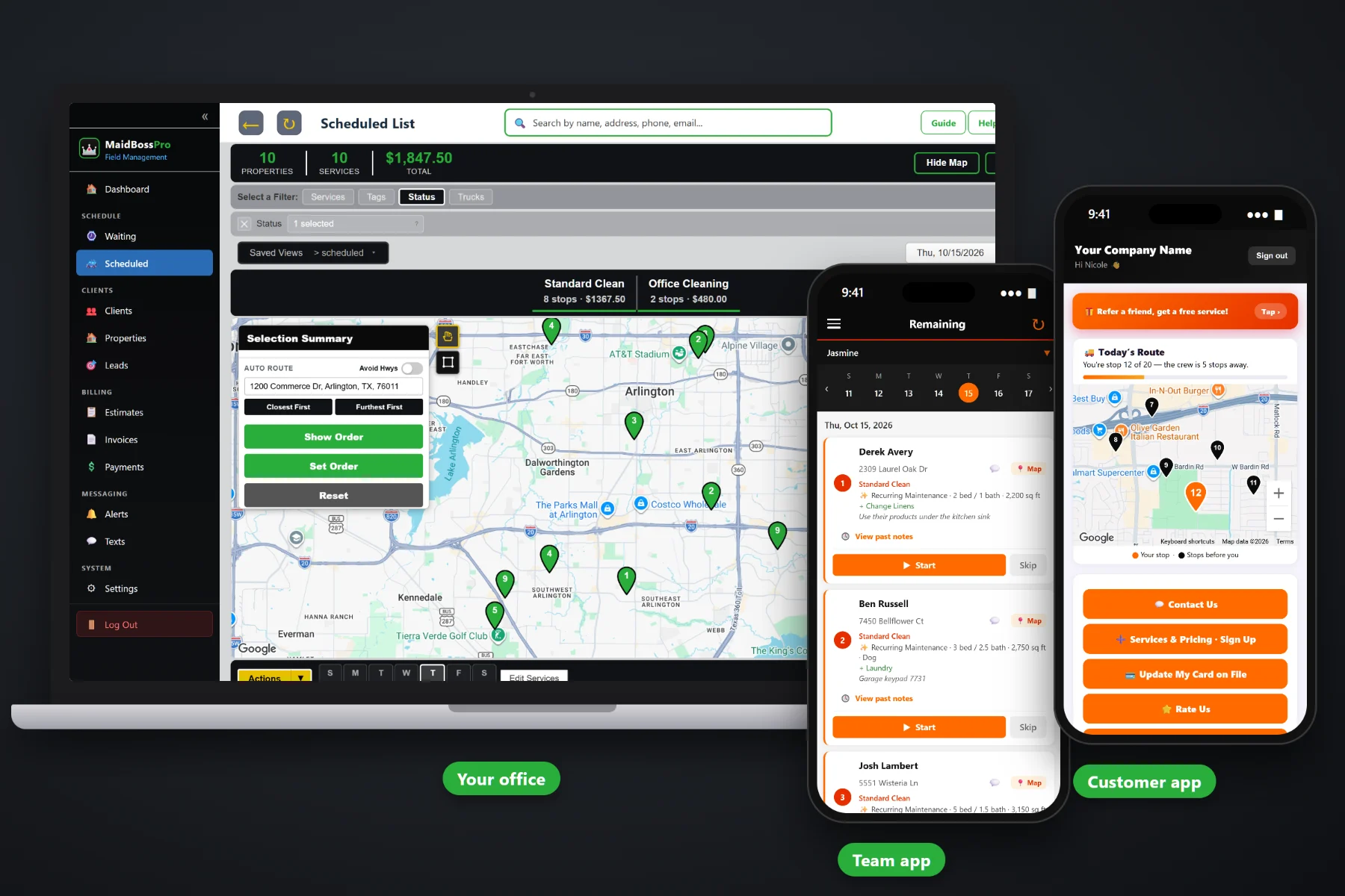 MaidBossPro on a laptop showing the cleaning schedule and dispatch map, with the team app and the customer app on two phones